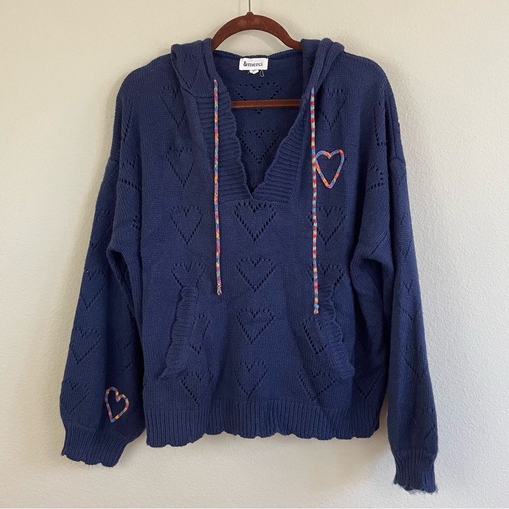 &Merci Navy Heart Knit V-Neck Hoodie Sweater Size M - Picture 2 of 8